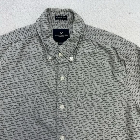 American Eagle Shirt Mens Small S Gray Shark Super Soft Button Down Long Sleeve - Picture 3 of 13